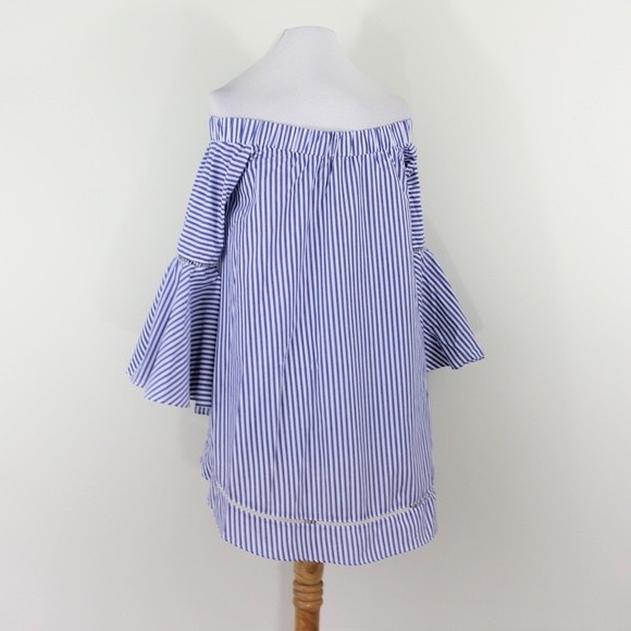 New Hi Low Blue White Stripe Bell Sleeve Top M L - Picture 7 of 8
